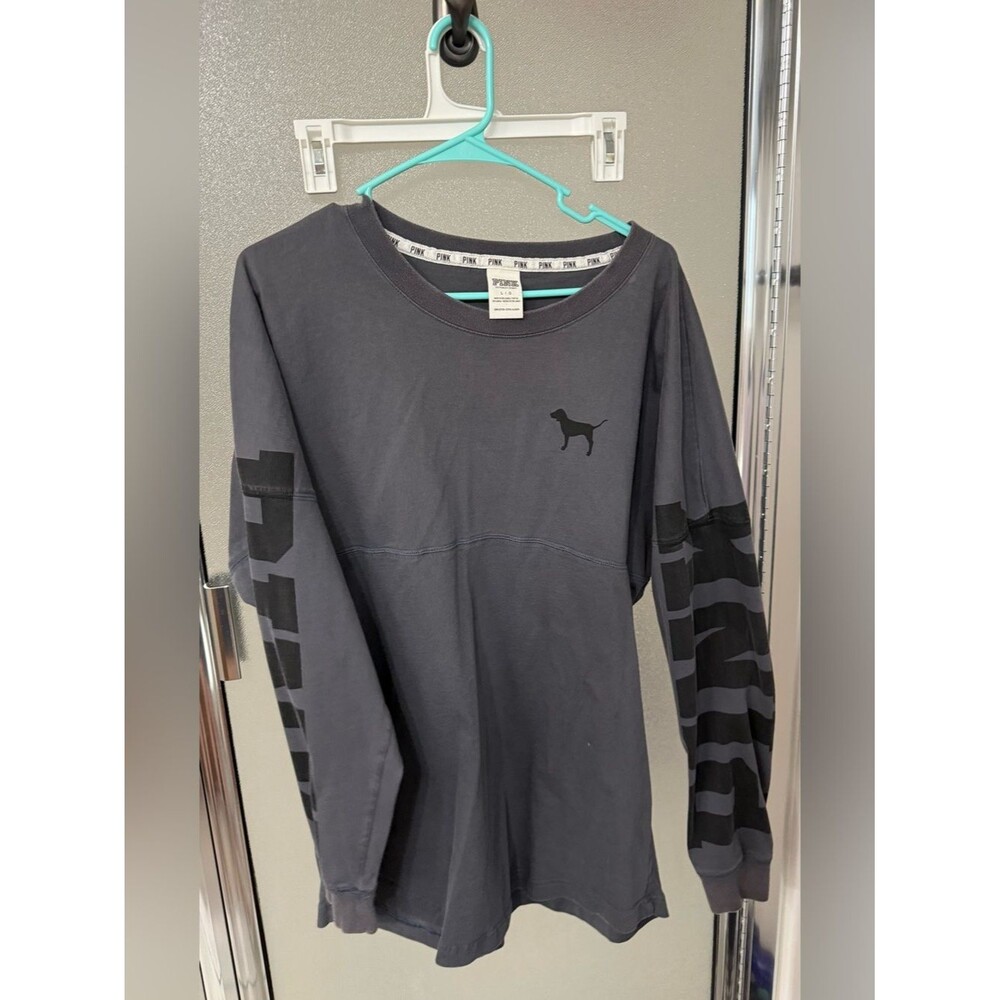 Vintage PINK Distressed Dark Gray Long Sleeve Tee with Dog Logo L